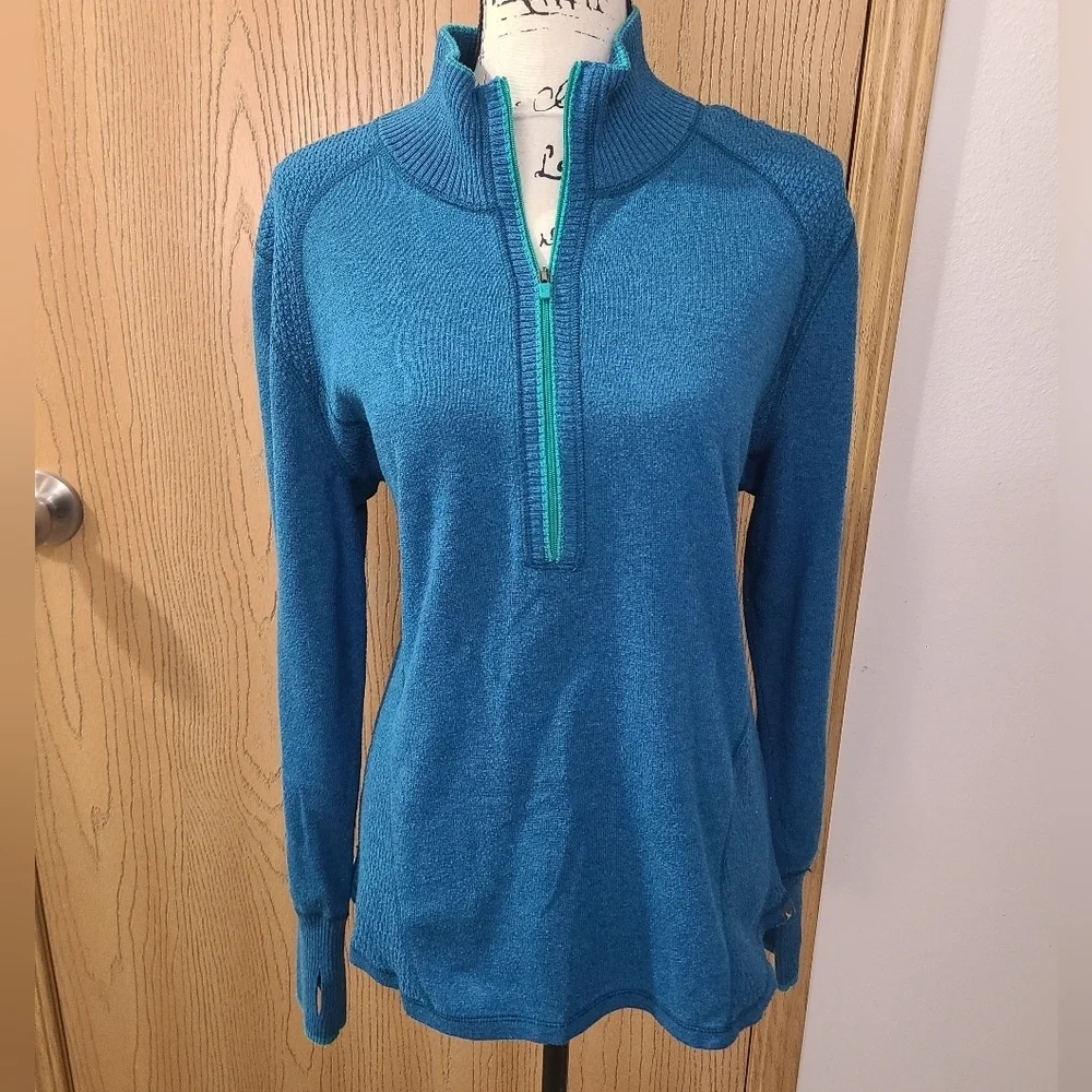 Eddie Bauer Teal Knit Quarter Zip Gorpcore Outdoor Sweatshirt Thumb Holes - Picture 1 of 4